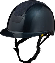 Angled front view of the Navy/Navy Shimmer Equinavia Crown Glossy MIPS Riding Helmet on a white background
