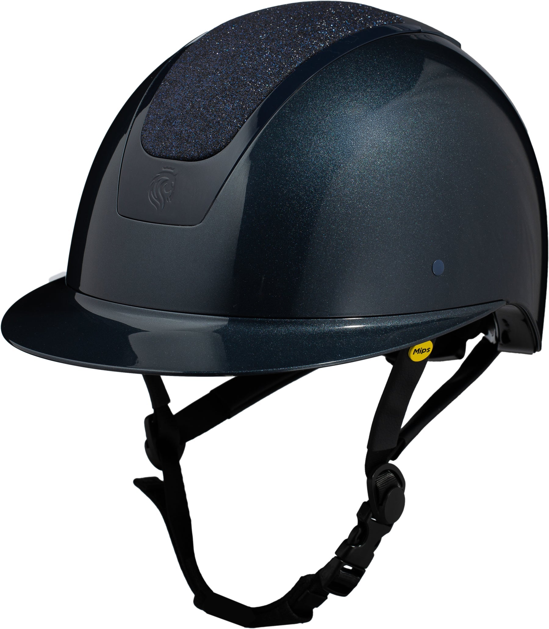 Angled front view of the Navy/Navy Shimmer Equinavia Crown Glossy MIPS Riding Helmet on a white background