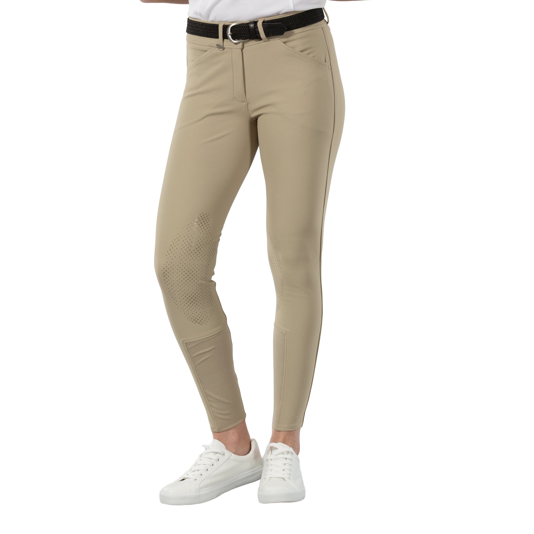 Front view of a model wearing the tan Horze Grand Prix Silicone Knee Patch Breeches on a white background