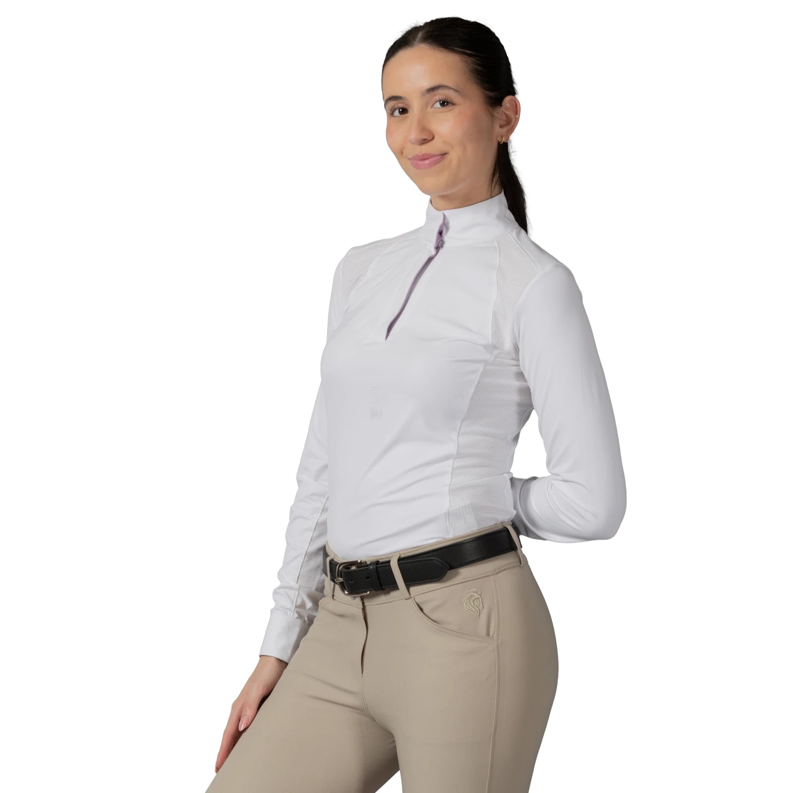 Angled front view of a female model wearing the Equinavia Sonja Long Sleeve Show Shirt on a white background