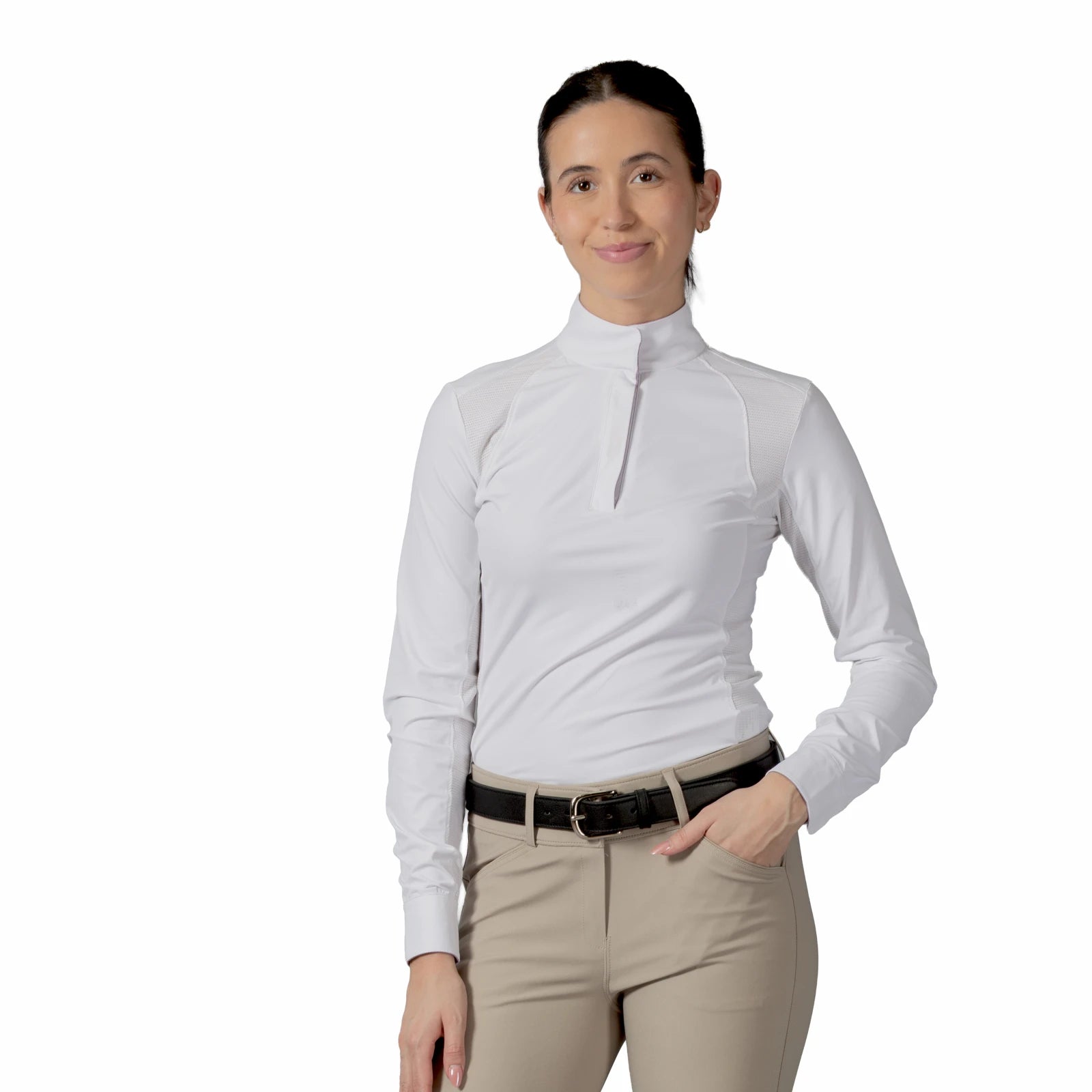 Front view of a female model wearing the Equinavia Sonja Long Sleeve Show Shirt on a white background