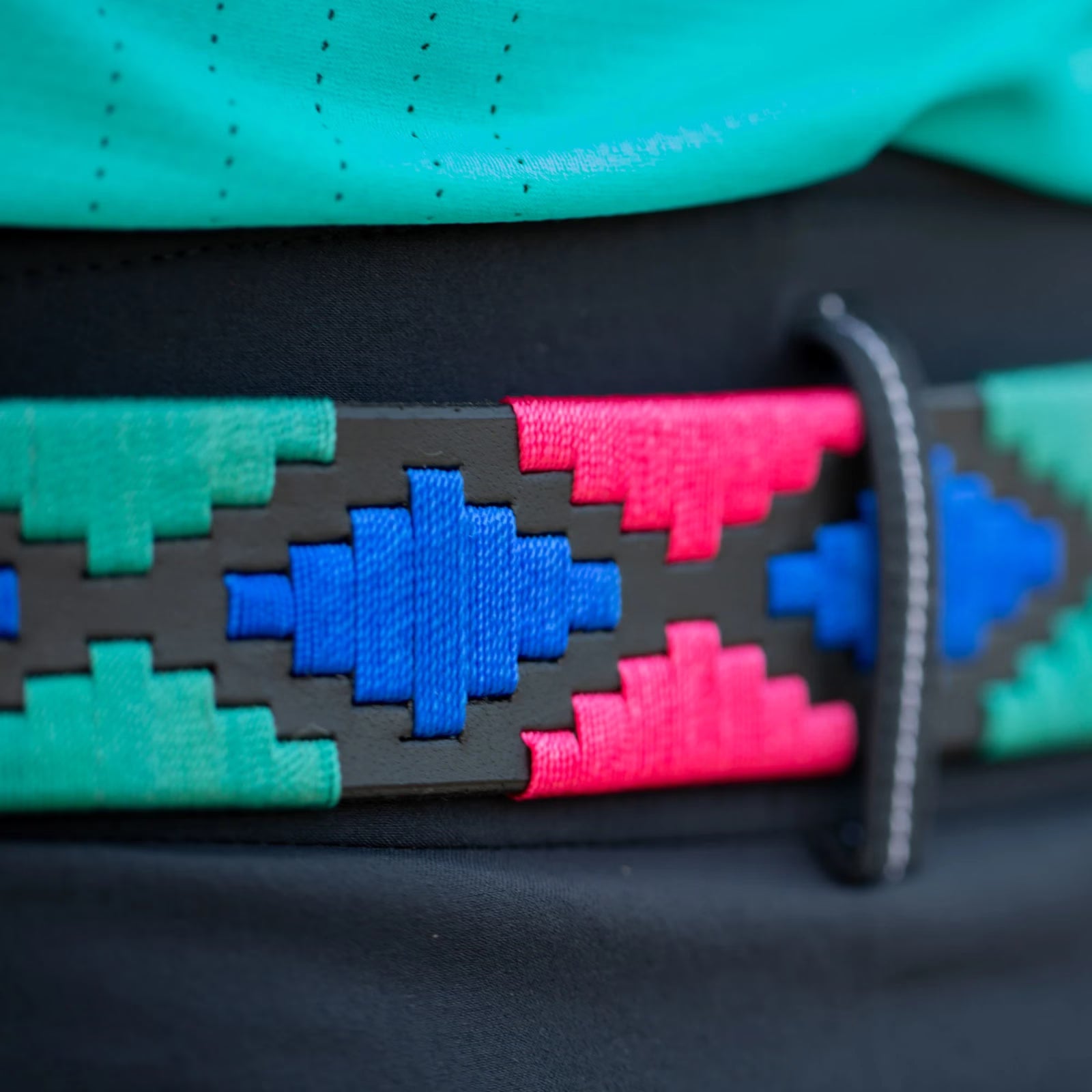 Close-up view of the red, green, and blue black-leather Equinavia Siri Polo Belt