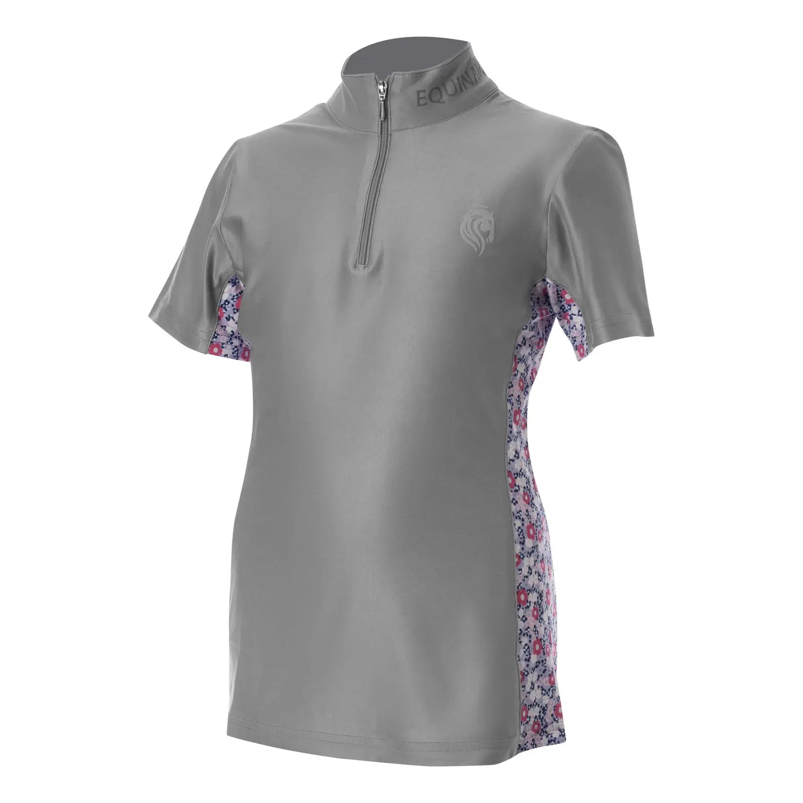 Front angled view of the Equinavia Lena Kids Short Sleeve Quarter Zip in Gray