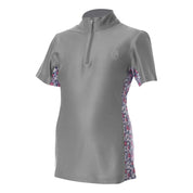 Front angled view of the Equinavia Lena Kids Short Sleeve Quarter Zip in Gray