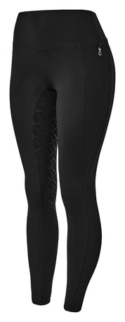 Side view of the black Horze Gillian Silicone Full Seat Tights on a white background