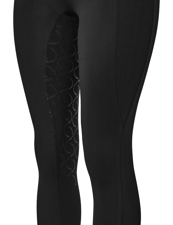 Side view of the black Horze Gillian Silicone Full Seat Tights on a white background