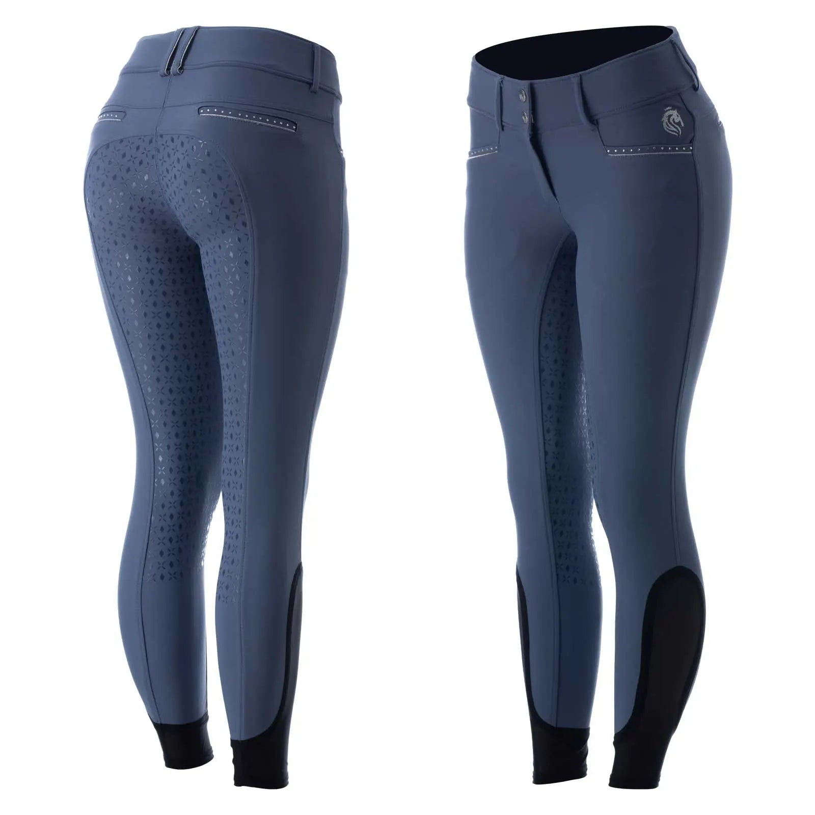 Side-by-side front and back views of the blue Equinavia Victoria Full Seat Breeches on a white background