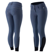 Side-by-side front and back views of the blue Equinavia Victoria Full Seat Breeches on a white background
