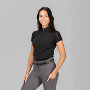 Front view of a female model wearing the Black Horze Mina Mesh Short Sleeve Training Shirt on a plain background
