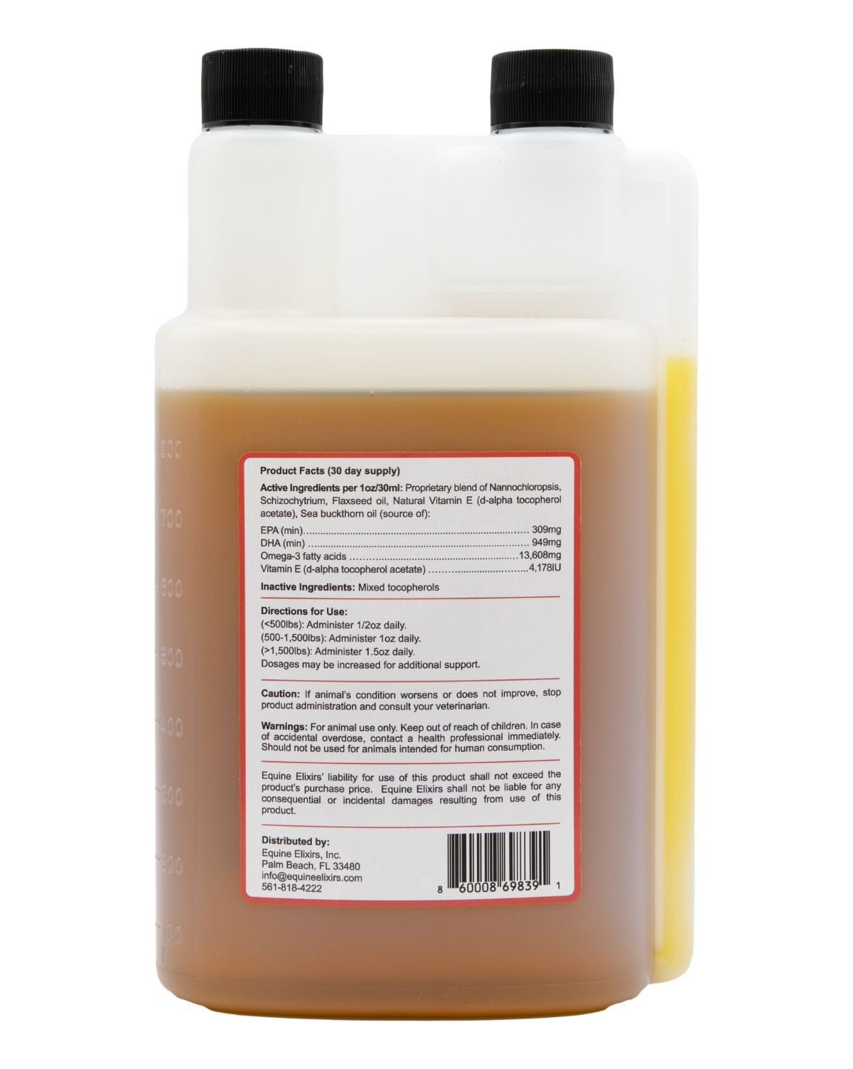 Back view of the 30 oz container of Equine Elixirs Om3ga on a white background