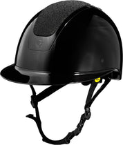 Front view of the Black/Black Diamond Crystal Equinavia Crown Glossy MIPS Riding Helmet on a white background