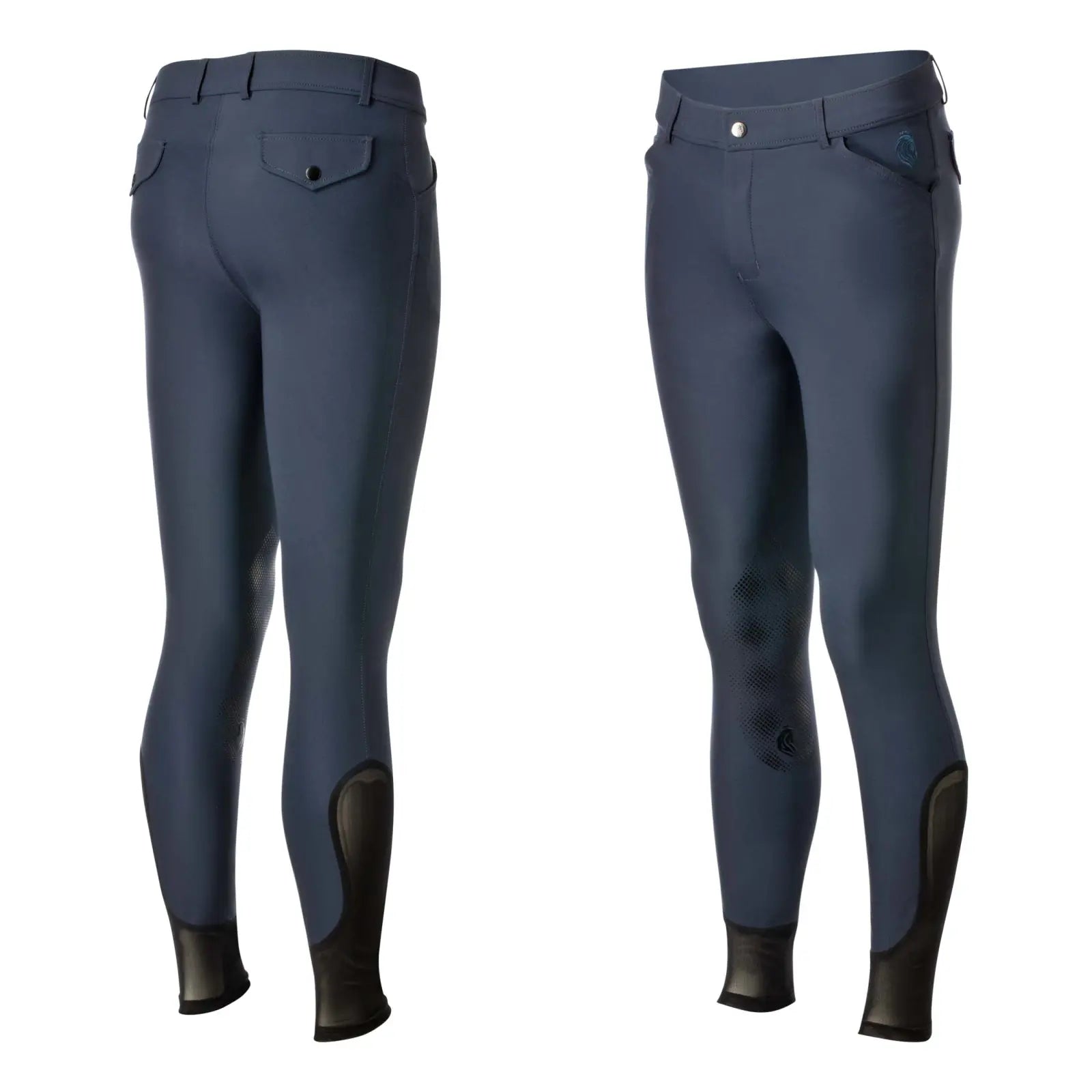 Side by side front and back views of the navy Equinavia Karl Men's Knee Patch Breeches on a white background