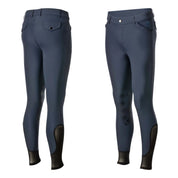 Side by side front and back views of the navy Equinavia Karl Men's Knee Patch Breeches on a white background