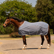 Side view of a horse wearing Dusk Blue Equinavia Sommer Stable Sheet with NordicAir Tech while standing on a gravel path