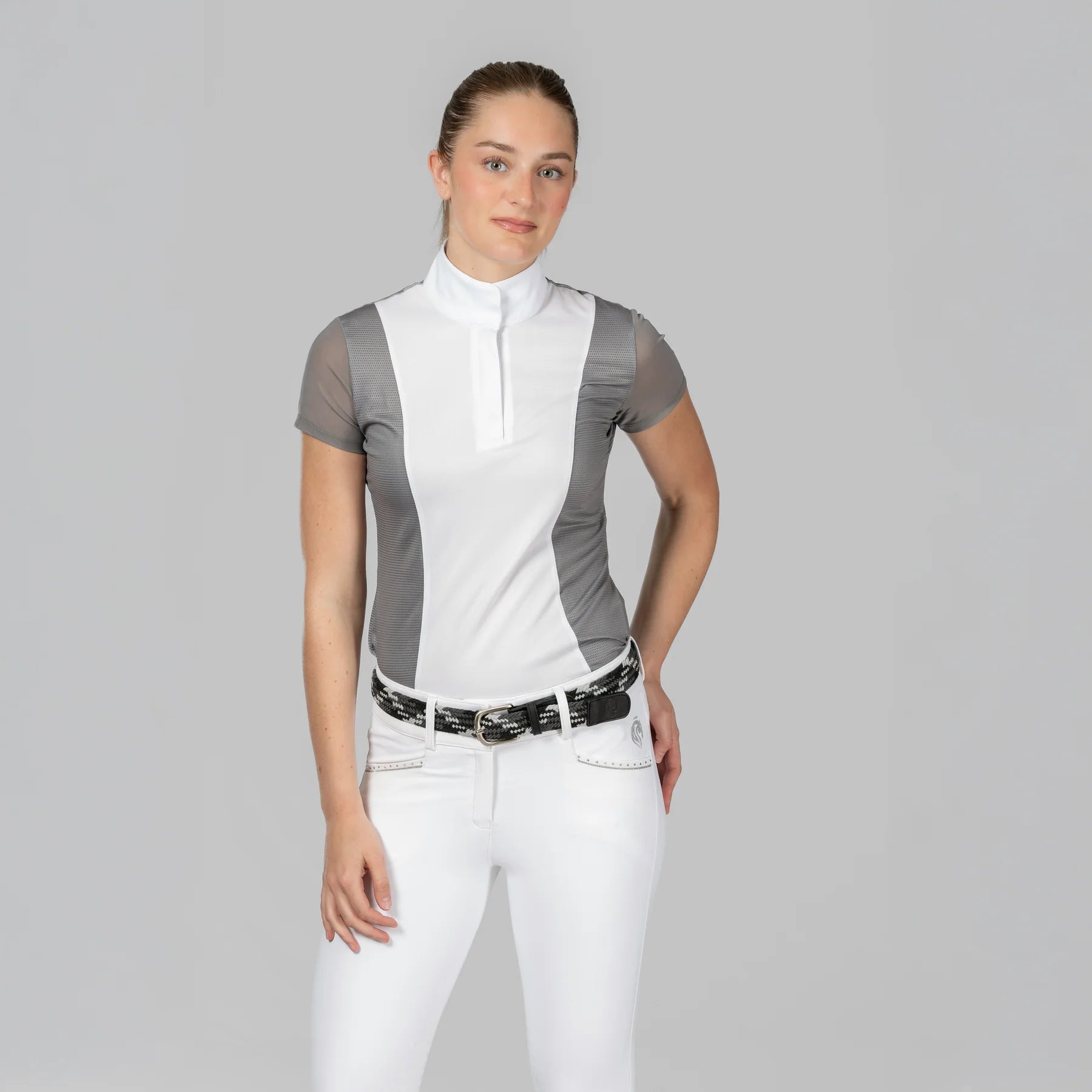 Front view of a model wearing Brushed Nickel Equinavia Martha Short Sleeve Show Shirt on a plain background