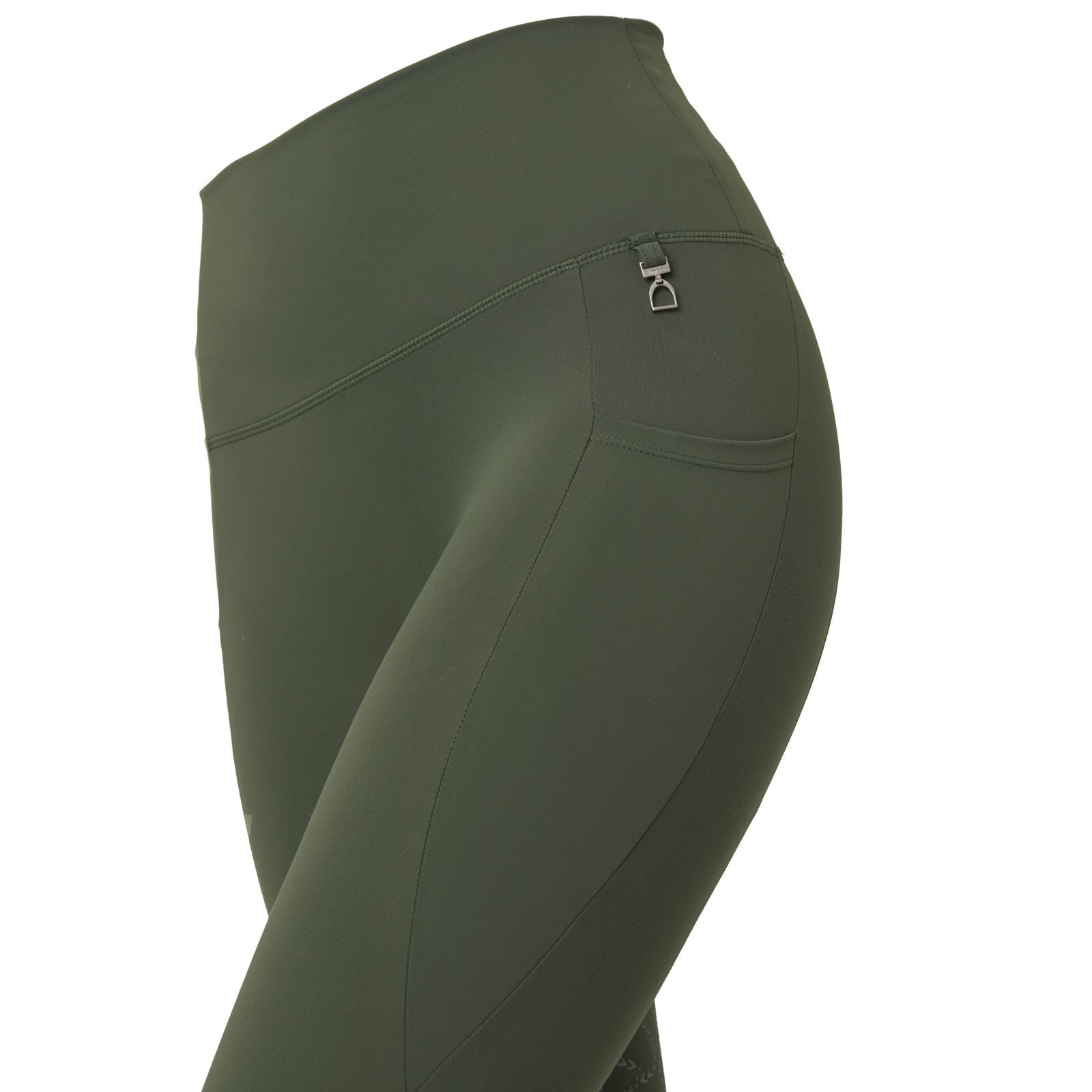 Close-up side view of the Beetle Khaki Green Horze Gillian Silicone Full Seat Tights on a white background
