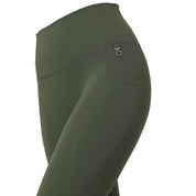 Close-up side view of the Beetle Khaki Green Horze Gillian Silicone Full Seat Tights on a white background