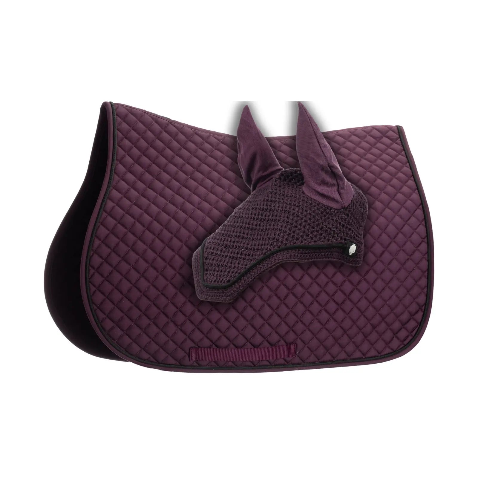 Side view of the plum Equinavia Voss All Purpose Saddle Pad and Bonnet Set on a white background