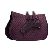 Side view of the plum Equinavia Voss All Purpose Saddle Pad and Bonnet Set on a white background