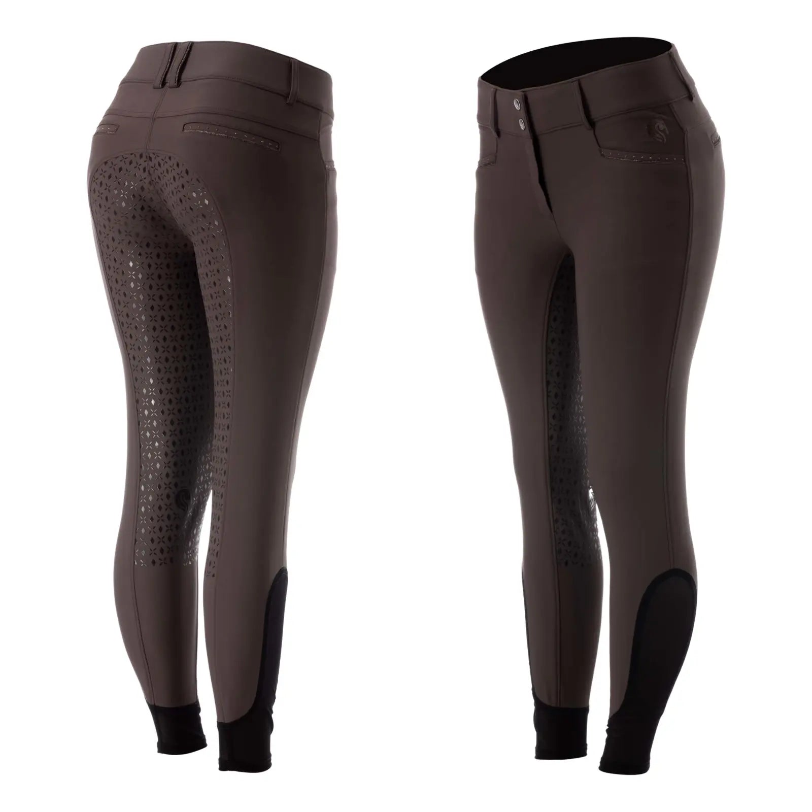Side-by-side front and back views of the brown Equinavia Victoria Full Seat Breeches on a white background