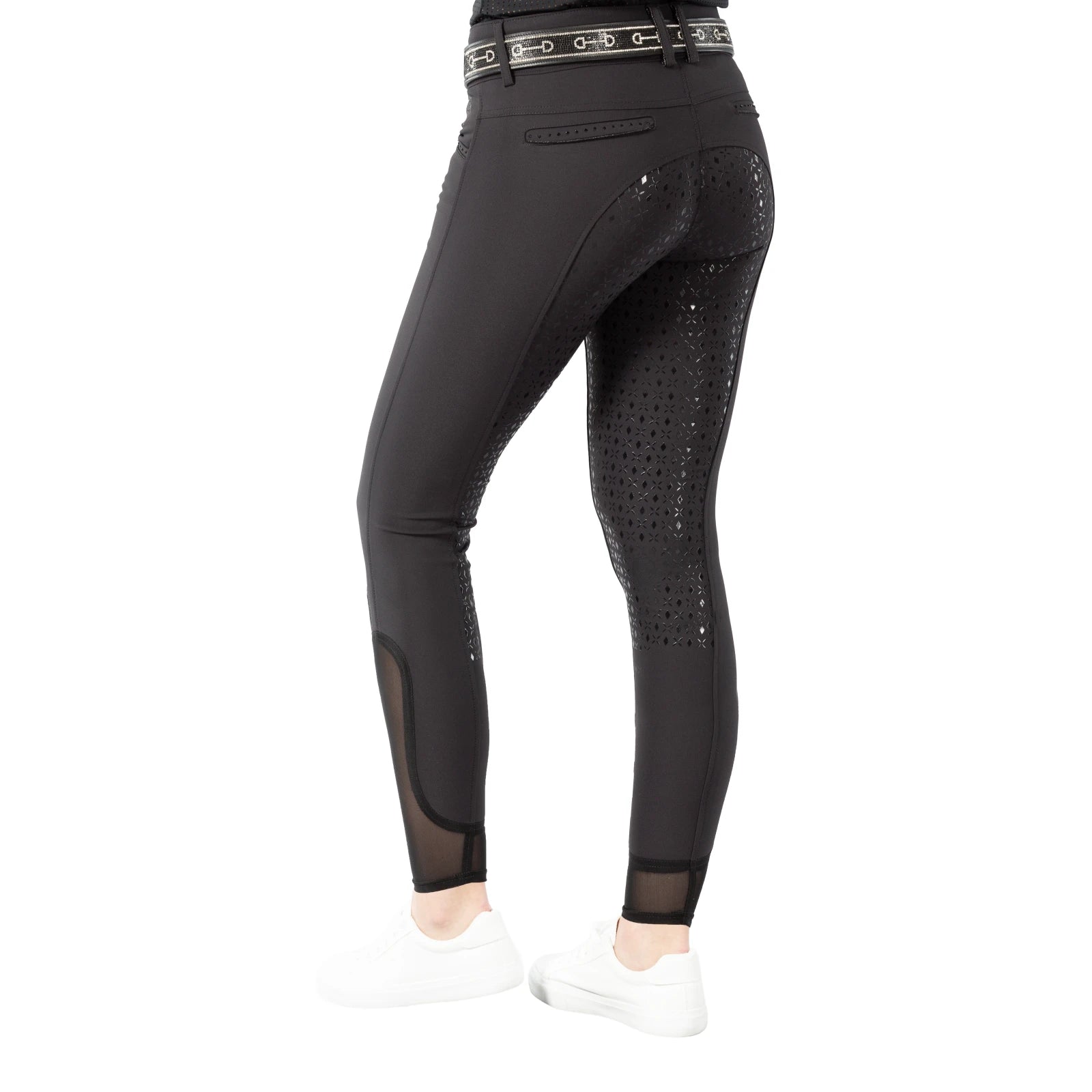 Angled back view of a model wearing the black Equinavia Victoria Full Seat Breeches on a white background