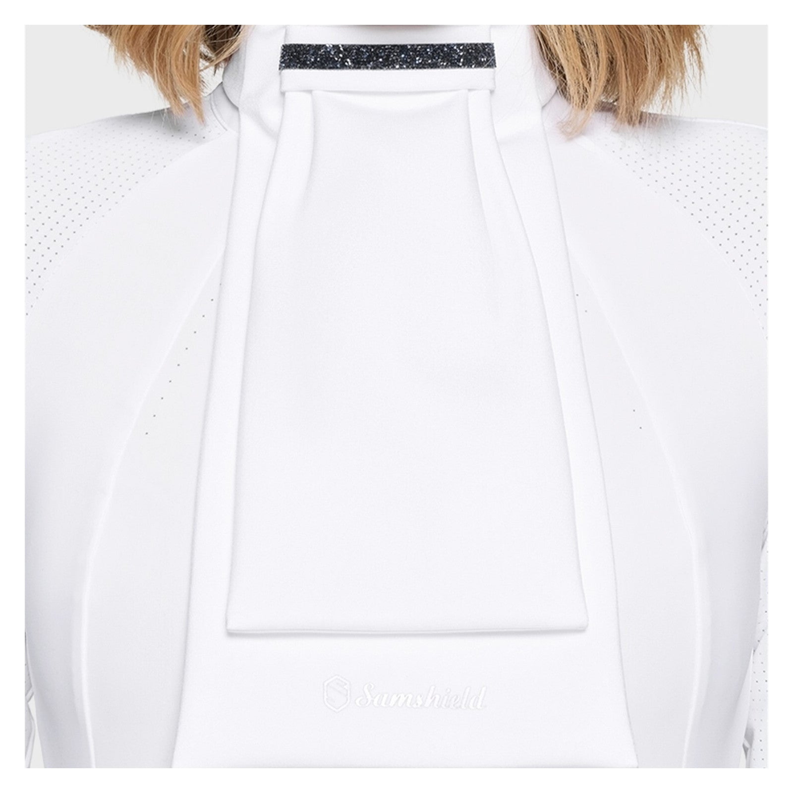 Front view of a model wearing the Black Samshield Plastron Premium Stock Tie over a white show shirt