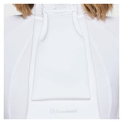 Front view of a model wearing the Holo Samshield Plastron Premium Stock Tie over a white show shirt