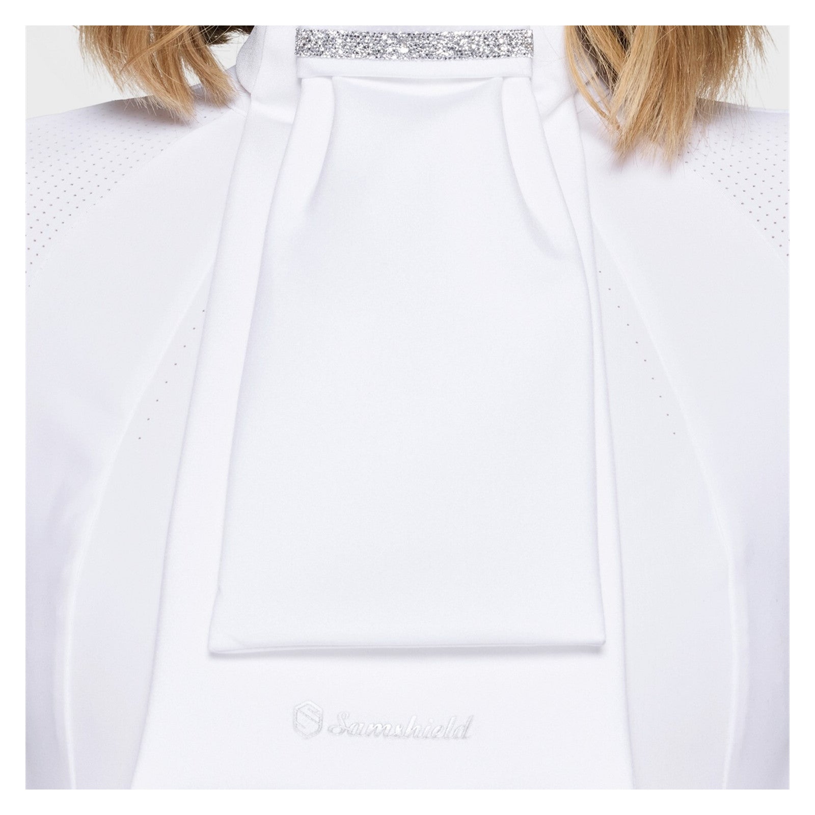 Front view of a model wearing the Light Chrome Samshield Plastron Premium Stock Tie over a white show shirt