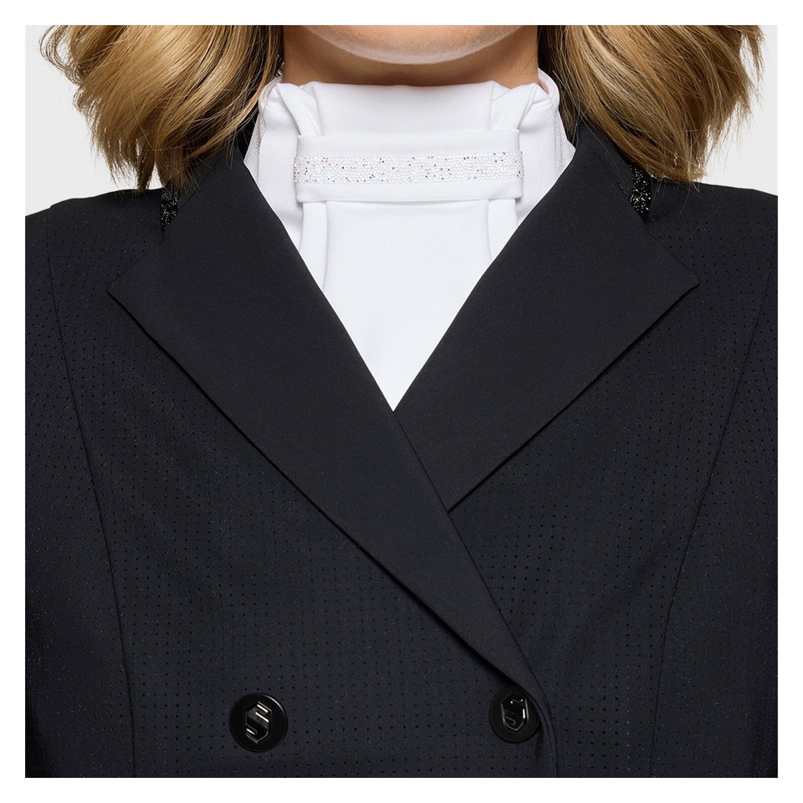 Front view of a model wearing the Holo Samshield Plastron Premium Stock Tie under a black show coat