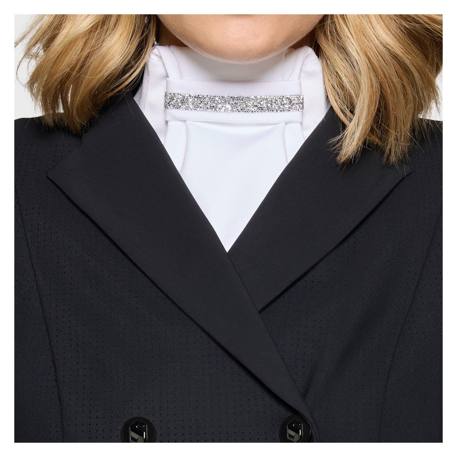 Front view of a model wearing the Light Chrome Samshield Plastron Premium Stock Tie under a black show coat