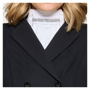 Front view of a model wearing the Light Chrome Samshield Plastron Premium Stock Tie under a black show coat