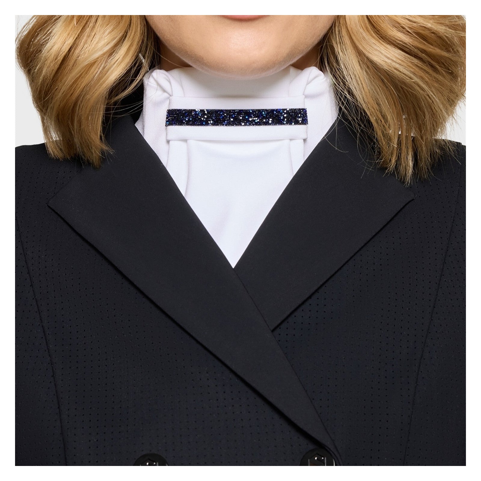 Front view of a model wearing the Cosmic Nights Samshield Plastron Premium Stock Tie under a black show coat