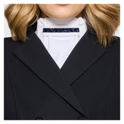 Front view of a model wearing the Cosmic Nights Samshield Plastron Premium Stock Tie under a black show coat