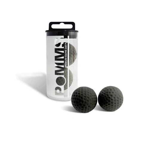 View of a container and additional pair of black Pomms Premium Equine Earplugs on a white background