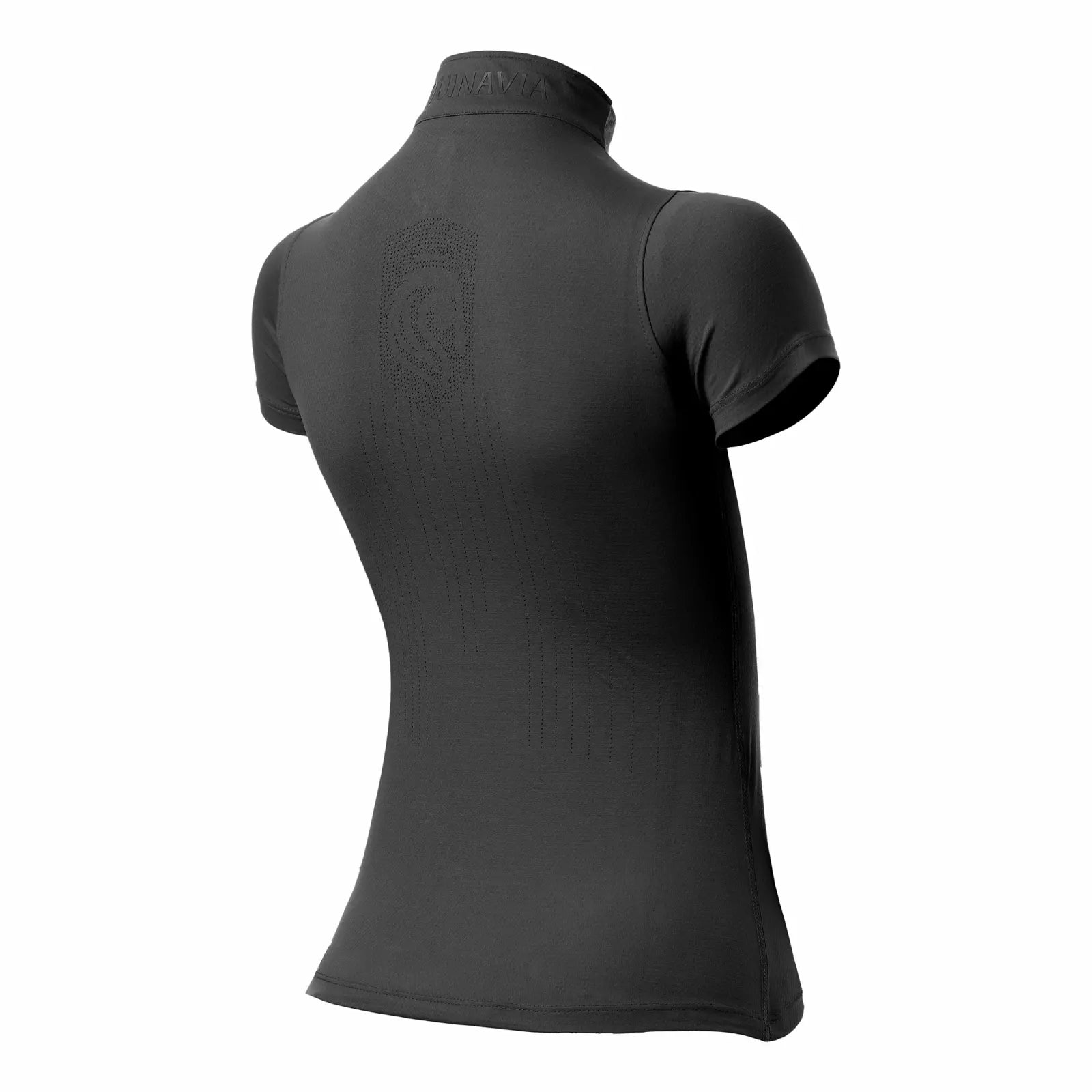 Angled back view of the black Equinavia Kari Short Sleeve Sun Shirt With NordicAir Tech on a white background