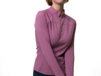 LeMieux Airflow long sleeve base layer in purple with quarter-zip high collar, shown on a model moving through different poses to highlight the fit and seam details against a light gray background.