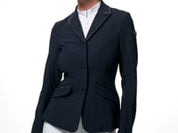 Video showing a female model posing while wearing the navy LeMieux Brilliance Diana Show Jacket on a plain background