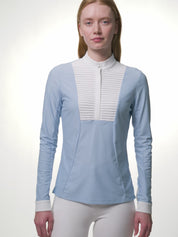 Video of model wearing LeMieux Arielle Long Sleeve Show Shirt in Mist demonstrating white stand collar and pleated bib front details