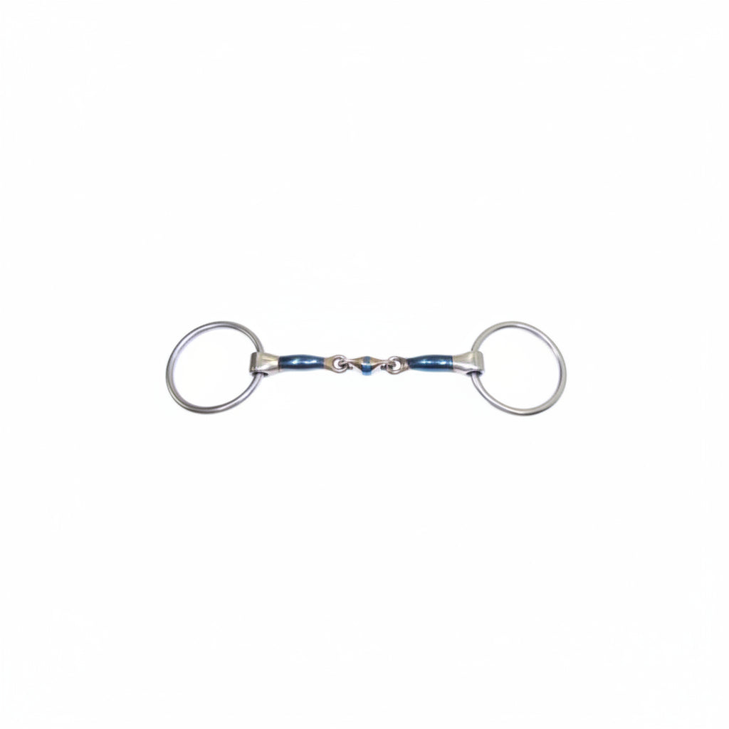 An equestrian double-bit bit with a polished silver-tone steel finish and blue enamel accents on the cheekpieces, shown against a plain white background.