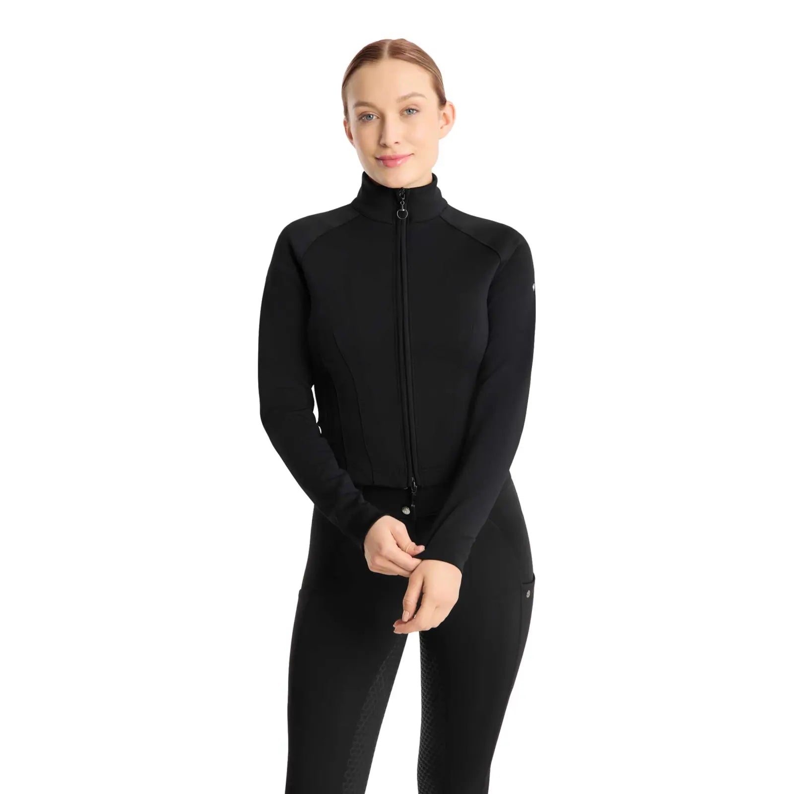 Front view of a model wearing the Horze Viveka Womens Perforated Training Jacket in black on a white background