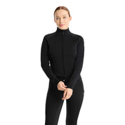 Front view of a model wearing the Horze Viveka Womens Perforated Training Jacket in black on a white background