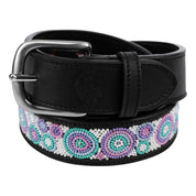 View of a rolled up black leather Equinavia Estelle Hand Beaded Belt with turquoise, pink, and purple beading on a white background