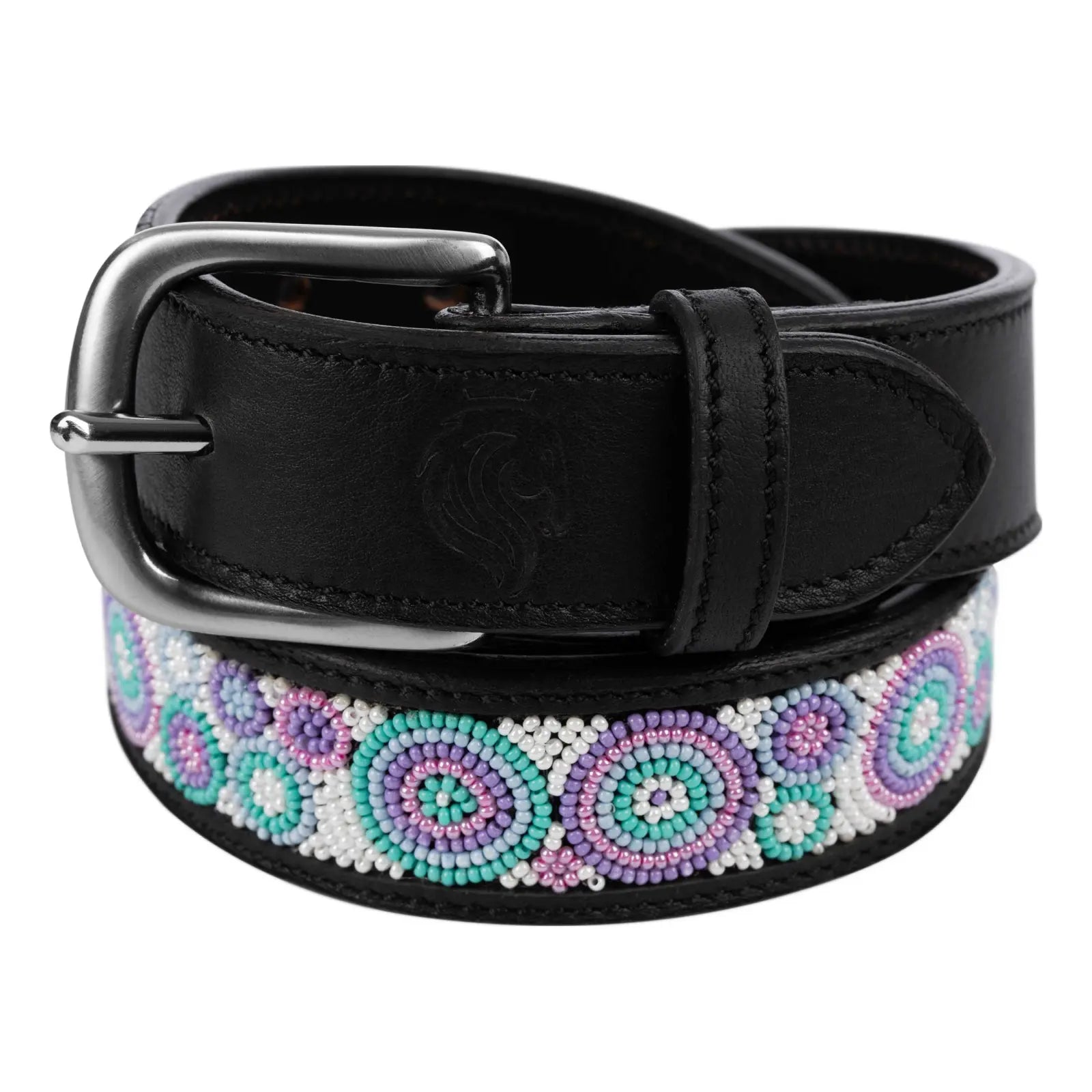View of a rolled up black leather Equinavia Estelle Hand Beaded Belt with turquoise, pink, and purple beading on a white background