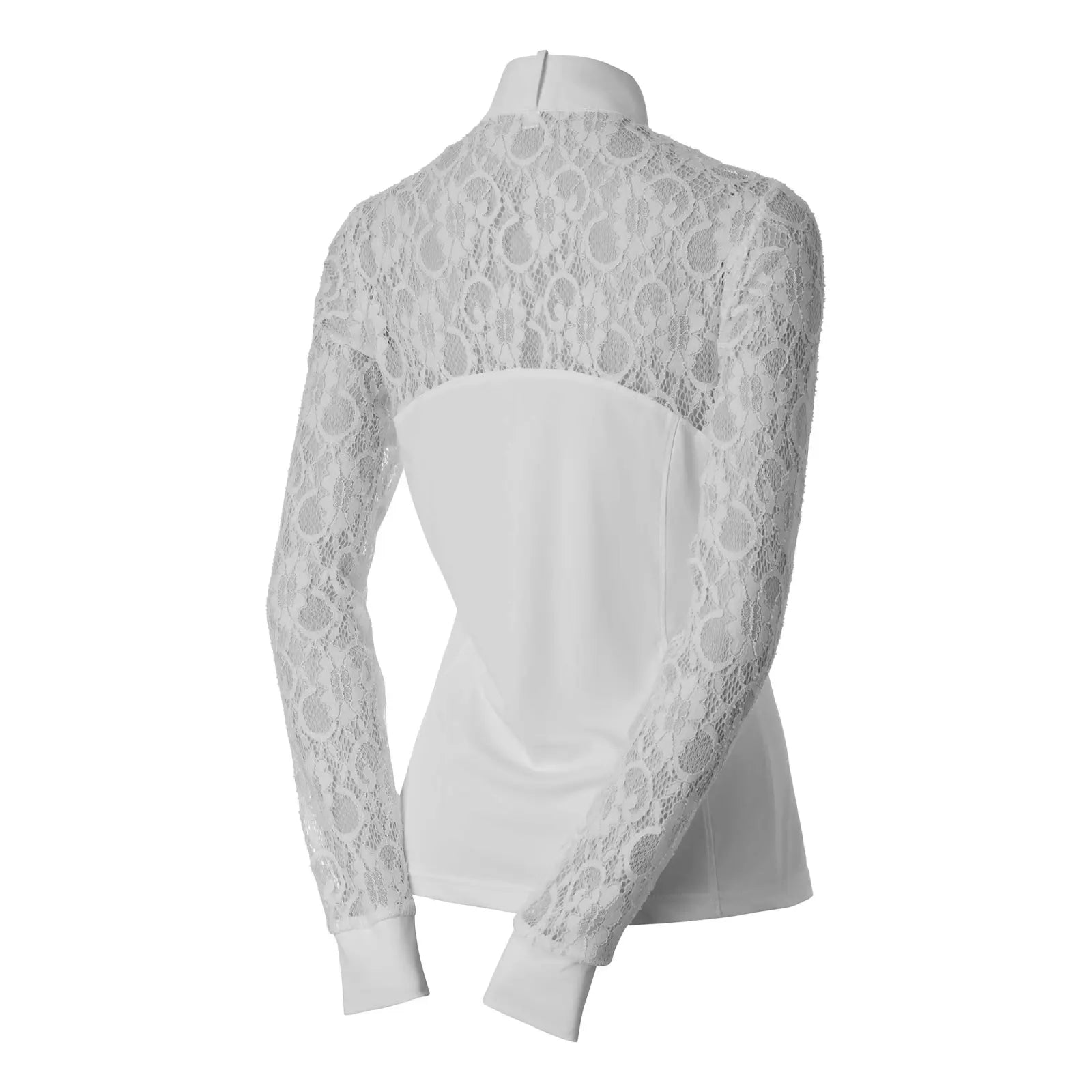 Back view of the white Equinavia Lisa Lace Long Sleeve Show Shirt on a white background