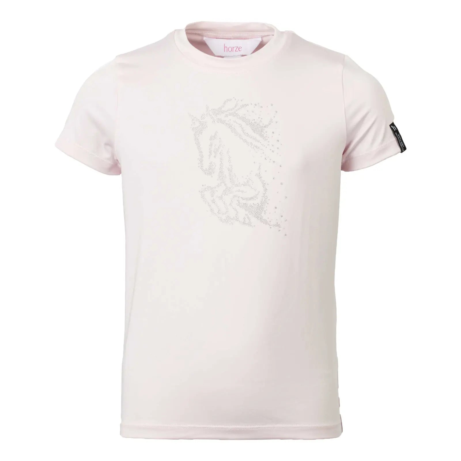 Front view of the pink Horze Wilda Kids Equestrian T-Shirt on a white background