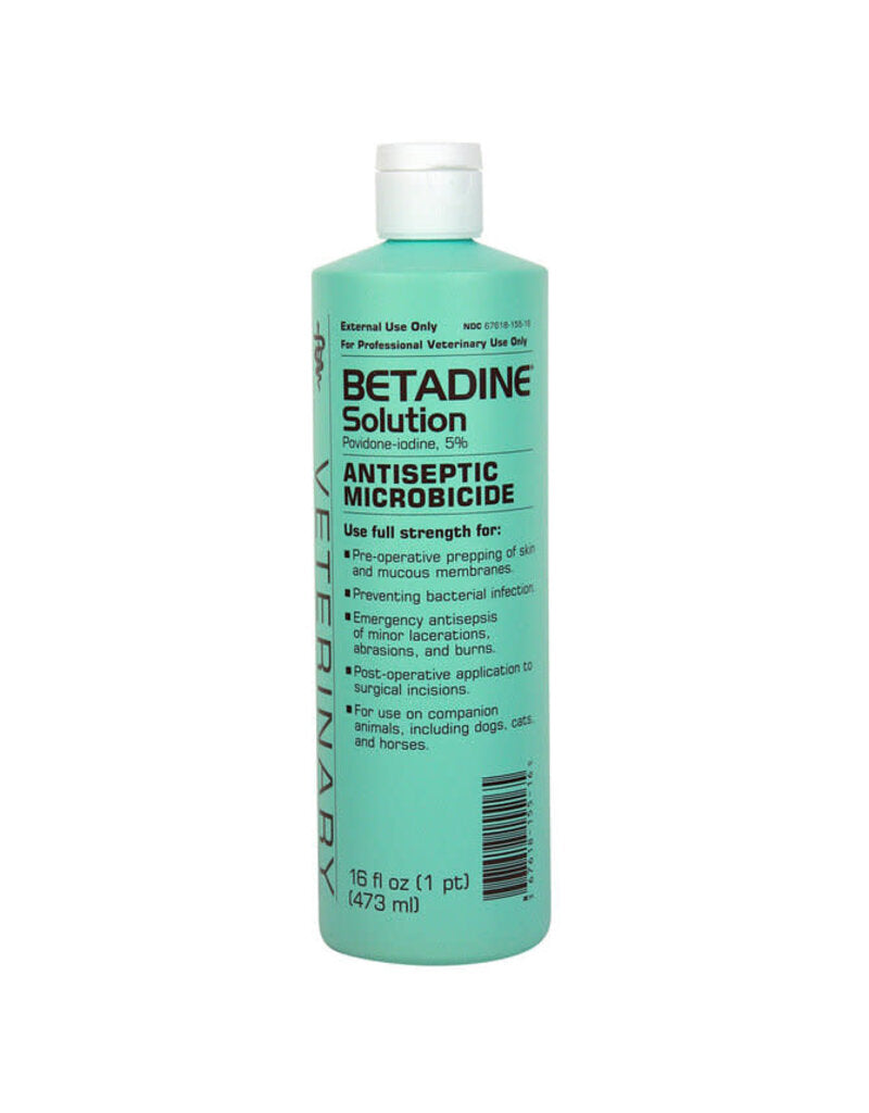 Front view of a 16 oz bottle Emerson Betadine Solution Antiseptic Microbicide on a white background