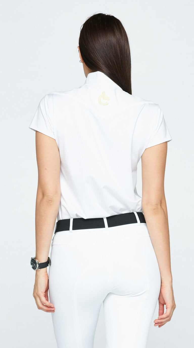 Back view of a female model wearing the white Criniere Margot Short Sleeve Show Shirt on a white background