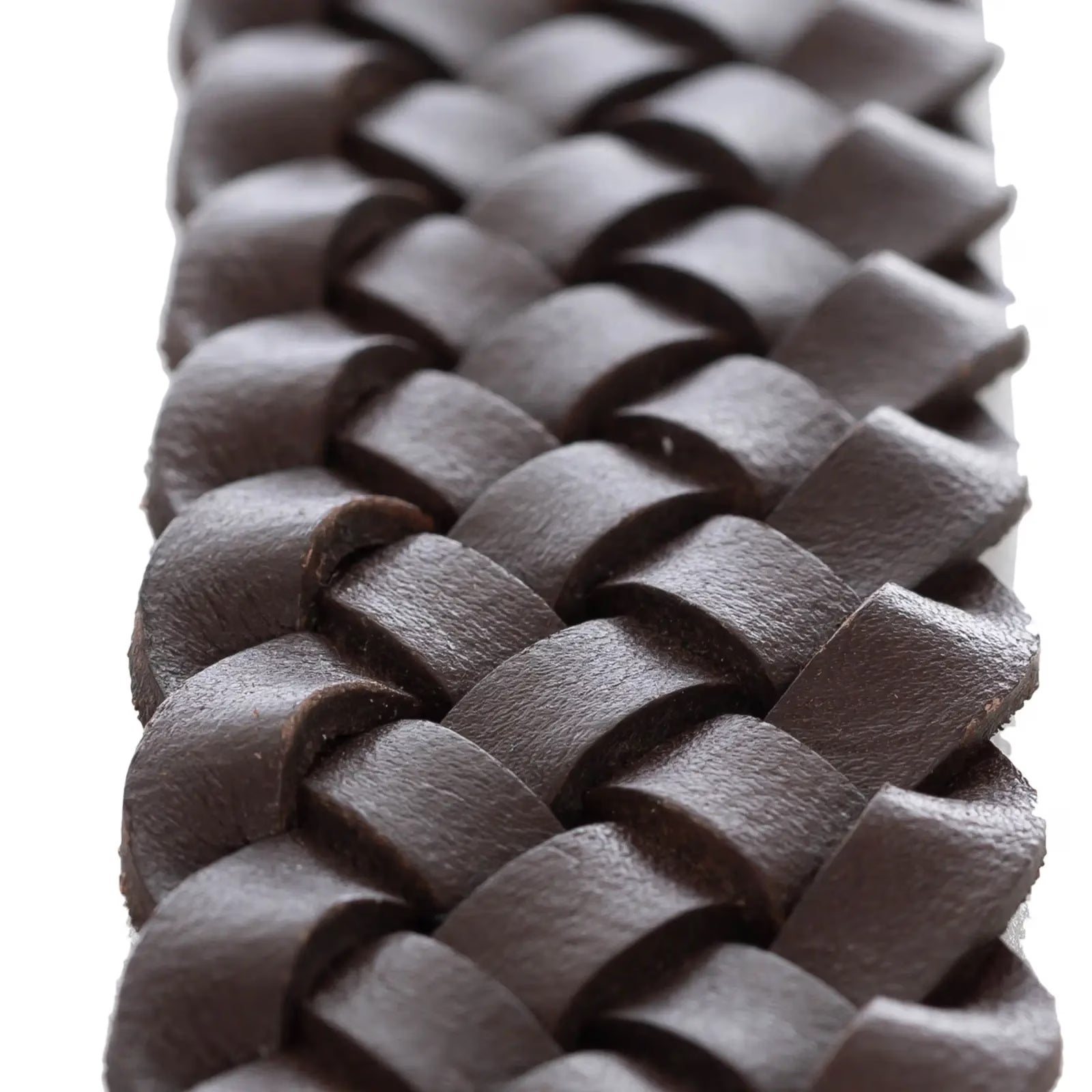 Close-up view of the woven pattern on the chocolate brown Equinavia Kari Braided Belt on a white background