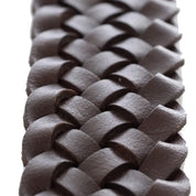 Close-up view of the woven pattern on the chocolate brown Equinavia Kari Braided Belt on a white background