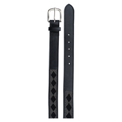 View of a black leather Equinavia Estelle Hand Beaded Belt with black and silver beading on a white background